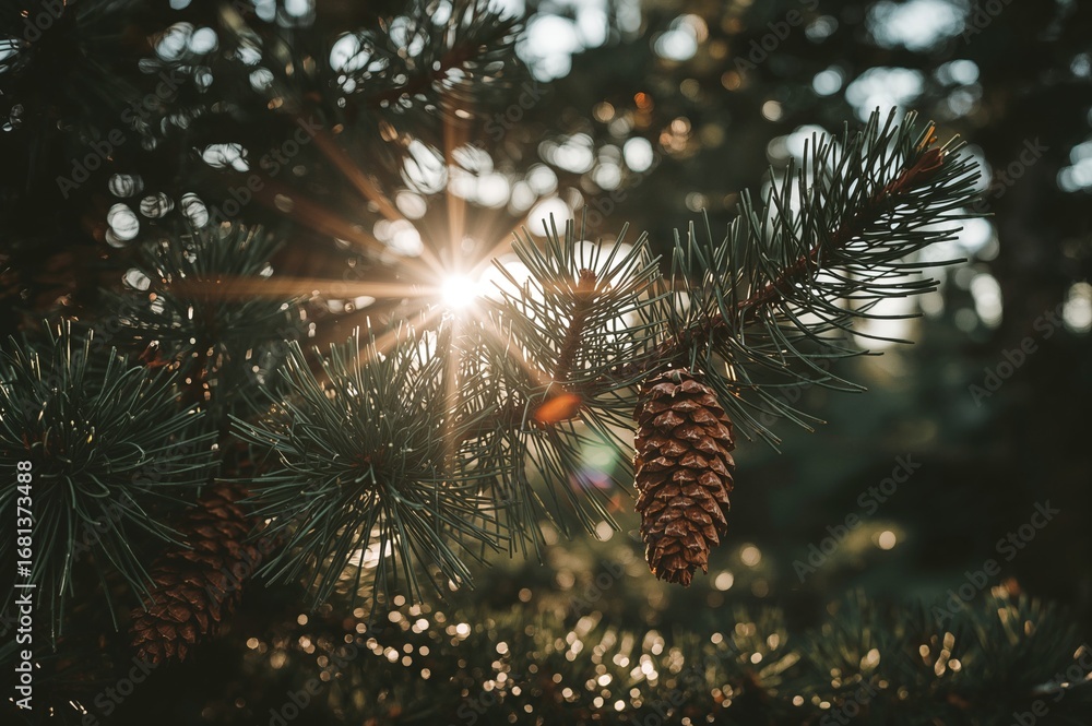 Poster green needles and pine cones adorning branches with soft sunlight filtering through a hazy backdrop.