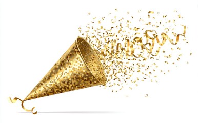 Gold party horn confetti explosion on white