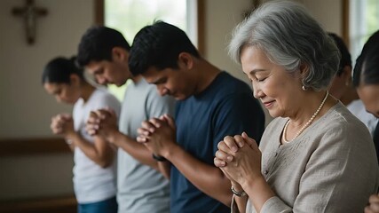 A diverse group of people united in prayer and reverence, embodying faith and spirituality,