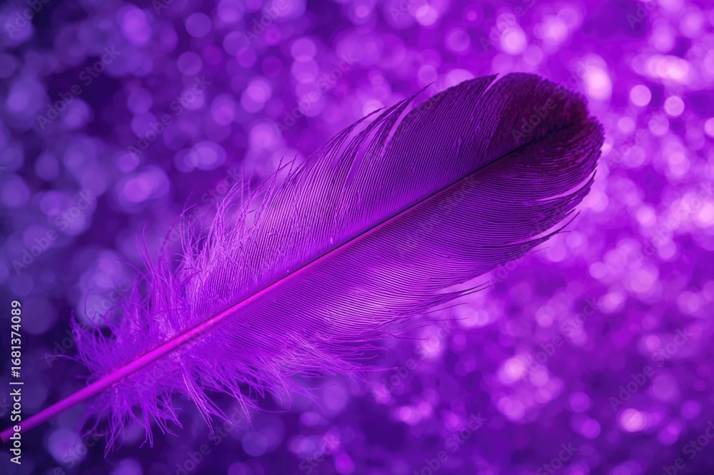 Poster macro shot of a feather with vibrant purple lighting, showcasing intricate patterns and texture.