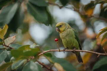 Small berry being eaten by a tiny parrotlet perched in a tree