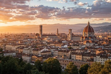 Wide-angle vista from a famous hilltop overlooking an ancient city at dusk