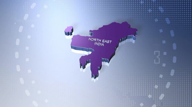 3D animated map of North East India or region in blue theme motion graphics