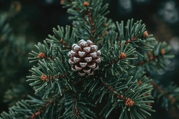 Frosted Pinecone Among Green Leaves