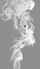 Abstract white smoke swirls against a muted gray background