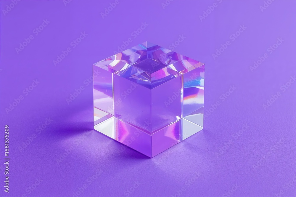Poster crystal cube structure with angled view and light bending on a purple backdrop featuring transparent