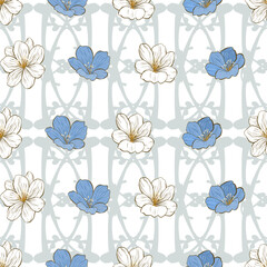 seamless background with flowers, white and soft blue