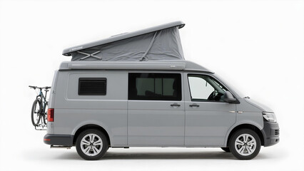 Camper van interior with ocean view through windshield and side window
