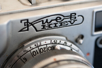 Kiev logo on analog camera close up, camera manufacturer from Ussr