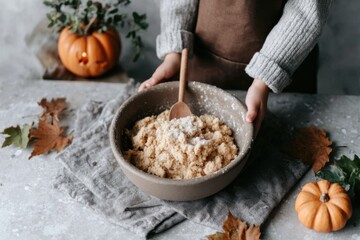 Fototapeta premium A young child stands at a kitchen counter, happily stirring cookie dough in a bowl. Fall leaves and small pumpkins surround the setting, creating a warm and inviting atmosphere perfect for baking