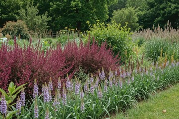 A lush garden overflowing with greenery and vibrant flowers in shades of red and violet. An area abundant with diverse plants and colorful wild blooms. Empty space available for text.