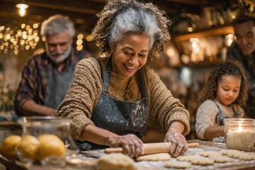 Smiling Woman Enjoying Christmas Cookie Baking Tradition at Home