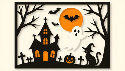 Halloween decor featuring haunted house, ghost, pumpkin, and bats  