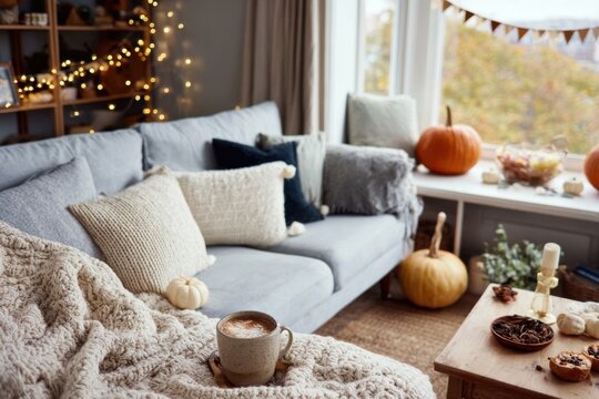 A person enjoys a warm drink while relaxing on a cozy sofa surrounded by plush cushions and seasonal decorations. The living room is bright and inviting with autumn elements