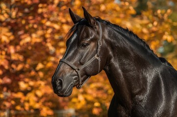 Close-up of a stunning dark horse wearing a rope halter during fall