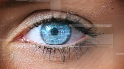 Animation of data processing over eye of caucasian woman - Powered by Adobe