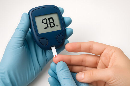 A person wearing blue gloves performs a quick and easy blood glucose test using a digital glucometer on a finger to check for diabetes