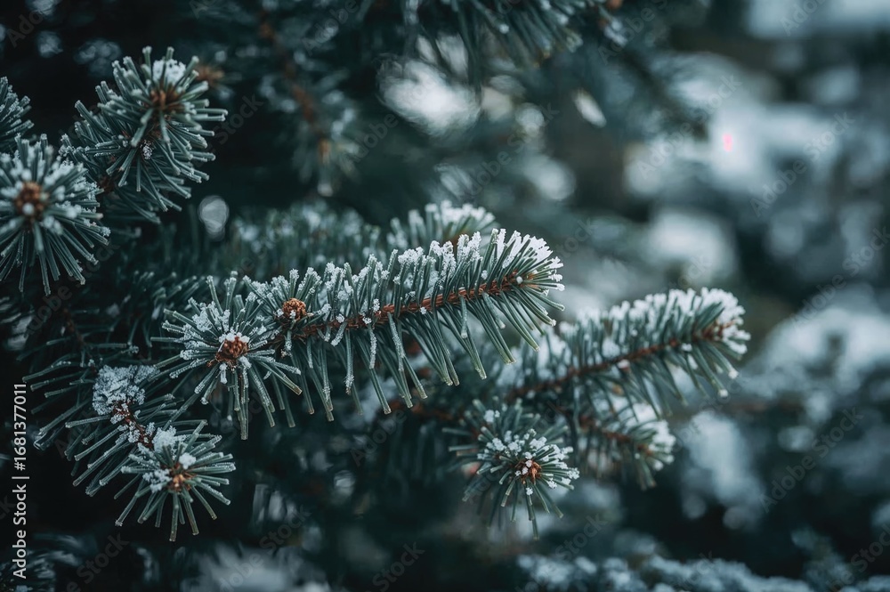 Poster winter holiday banner featuring frosted pine tree branches with a blurred snowy backdrop and soft bo
