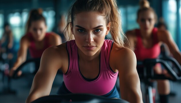 Caucasian Athletes Cycling In Spinning Class At Contemporary Gym, Working Out On Stationary Bicycle In Group Exercise Session For Training.