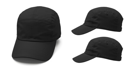 Plain Black Baseball Caps in Multiple Angles Isolated on White Background. Versatile Sports and Casual Headwear for Design and Apparel Mockups.