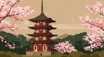 Admiring Pagoda amongst Cherry Blossoms in Tranquil Japanese Garden