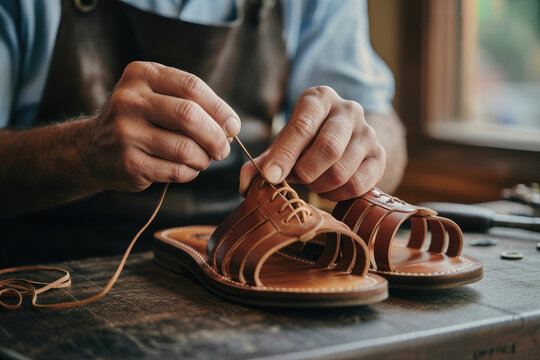 Skilled artisan meticulously handcrafting a pair of stylish leather sandals
