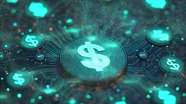 Illustration money of glowing digital us dollar symbols finance on a futuristic dark circuit board representing cryptocurrency and electronic transactions financial icons and business analytics