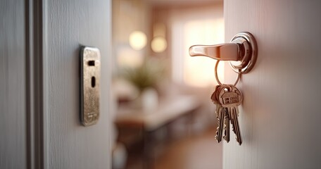 A slightly ajar white door, keys hanging on the handle, leading into a warm interior