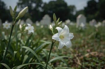 The gentle tuberose, commonly linked to mourning, reveals its tranquil charm amid a cemetery, its fragrant scent softly symbolizing the endless flow of life.