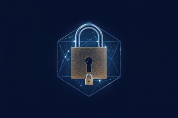 Concept of cybersecurity technology focusing on data privacy and protection with a large padlock over a polygon and a smaller binary padlock on a dark blue background