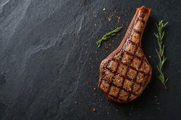 Wide banner showcasing a medium rare grilled T-bone or premium porterhouse steak seasoned and presented on a slate serving board, ideal for catering menus and recipes, overhead view