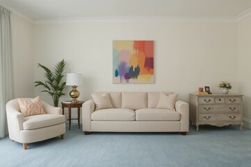 Soft-toned lounge featuring couch, recliner, dresser, and artwork