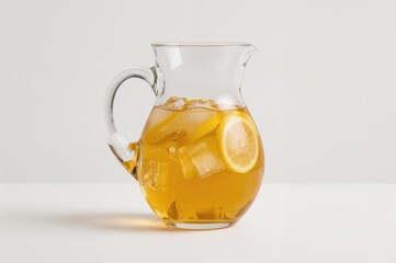 Obraz premium Glass jug filled with lemon iced tea on a plain backdrop