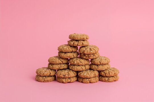 Smartphone stacked in a pyramid next to oatmeal cookies on a pastel pink surface. Theme representing anticipation for holidays and journeys.