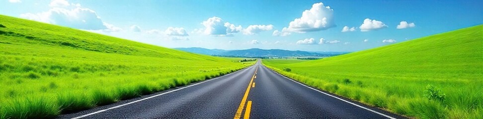 Fototapeta premium A winding asphalt road cuts through a vibrant green landscape, disappearing into the distance under a bright blue sky Perfect for travel, adventure, and journey themes , curve, travel