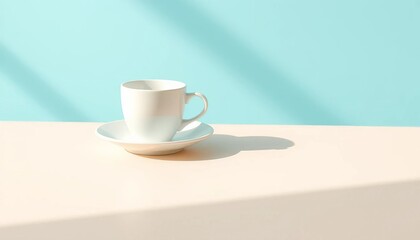 White cup and saucer on beige table, pastel blue background, diagonal shadow,  quiet,  elegant