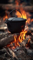 Campfire Cooking: Rustic Cast Iron Pot Over Embers