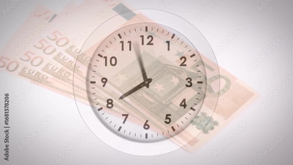 Poster animation of clock moving fast over globe with numbers and red