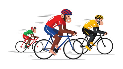 Monkey Cyclists in a Race: A dynamic illustration captures the competitive spirit of cycling, featuring three monkeys racing with determined expressions and vibrant team colors