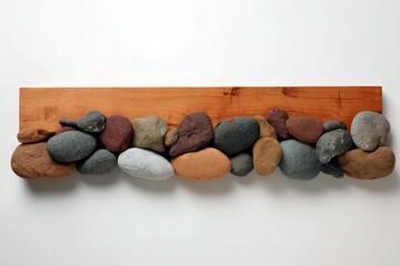 A horizontal arrangement of various natural stones, displayed atop a piece of smooth, light-brown wood, against a plain white background.