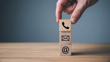 Hand stacking wooden blocks with contact icons phone email at symbol for communication illustration