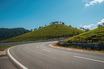 Panoramic landscape of a sunny day with a racing circuit and verdant tea hills