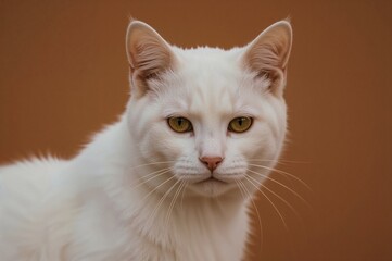 Obraz premium Close-up of a light-colored feline with a distinctive spot against a rust-colored backdrop