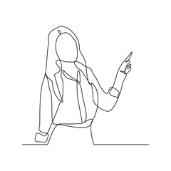 continuous line of standing business woman show presentation office meeting gesture. Vector illustration editable stroke sketch drawing of business concept