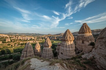 Unique rock formations known as fairy chimneys and cone-shaped stone pillars