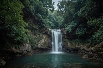 Waterfall hidden within a dense jungle environment