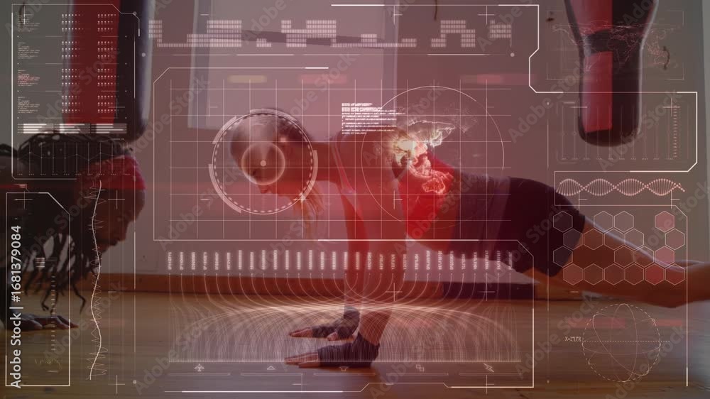 Poster digital interface with data processing against financial data processing on purple background