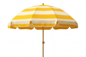 Striped yellow beach umbrella providing shade, standing open against transparent background, ideal for summer design compositions and mockups