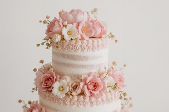 Floral-themed pink and white celebration cake for weddings and birthdays