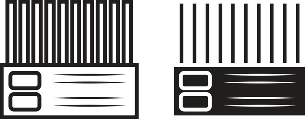Barcode icon with label boxes in black and white. Simple flat vector illustration representing product code, scanning, price tag, identification, and retail concept.